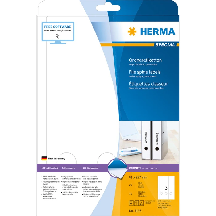 Herma Ordneretiketten, 61x297mm, weiß, matt, 25 Blatt (75 Etiketten)