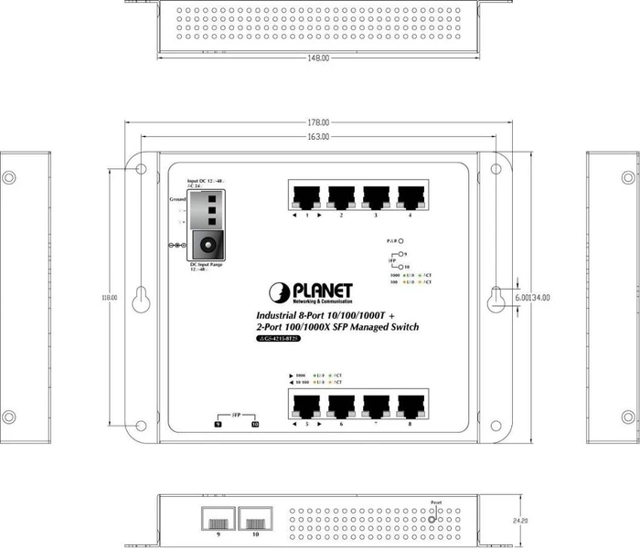 Planet WGS-4215-8T2S Industrial Wallmount Gigabit Managed Switch, 8x RJ-45, 2x SFP