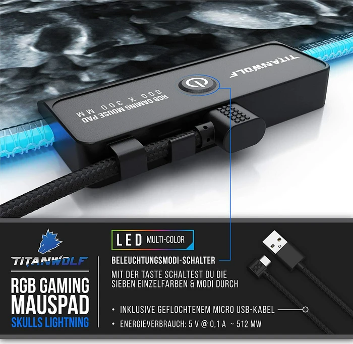 Titanwolf Skulls Lightning RGB XXL Gaming-Mauspad, 800x300mm, schwarz/weiß