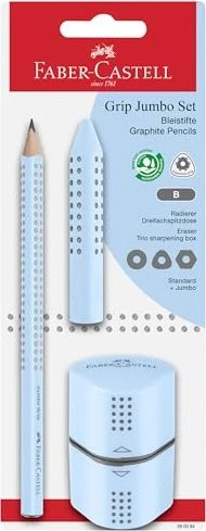 Faber-Castell Jumbo Grip Schreibset Bleistift B graphit, Sky Blue, Radierer, Anspitzer, 3er-Set
