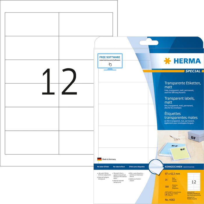 Herma Folienetiketten, 97x42.3mm, wetterfest, transparent, matt, 25 Blatt (300 Etiketten)