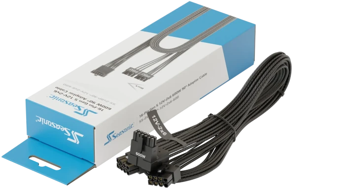 Seasonic 12V-2x6 Kabel, Adapterkabel, 2x 8-Pin PCIe Stecker auf 16-Pin PCIe 5.1 Stecker, Adapterkabel, schwarz, 90° gewinkelt, 70cm