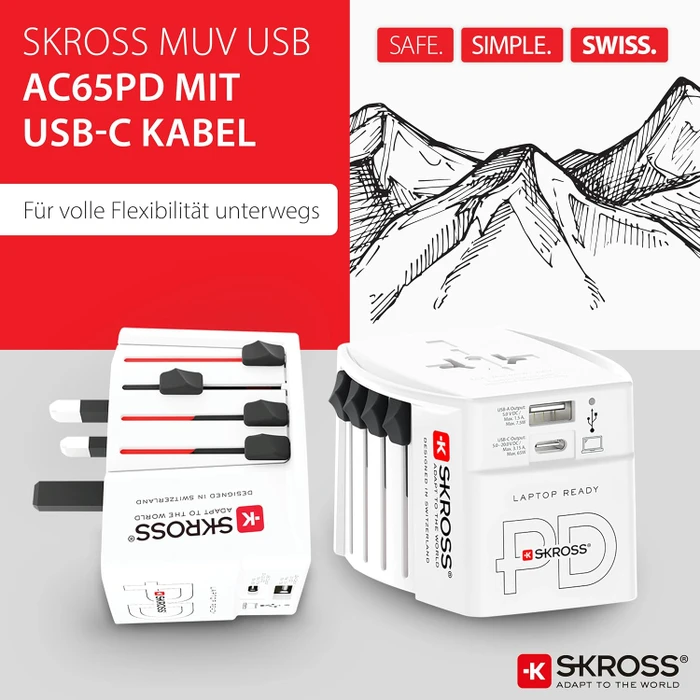 Skross World Travel Adapter MUV USB AC65PD, 1x USB-A, 1x USB-C, mit USB-C Kabel, weiß