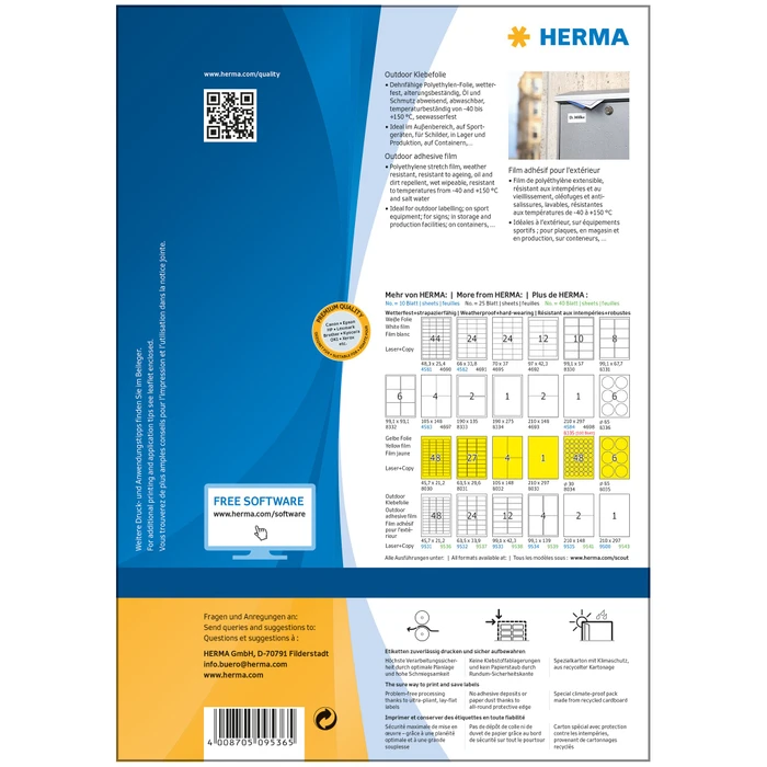Herma Etiketten Outdoor, 45.7x21.2mm, wetterfest, weiß, matt, 40 Blatt (1920 Etiketten)