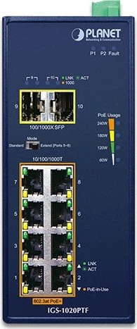 Planet IGS-1020PTF Industrial Railmount Gigabit Switch, 8x RJ-45, 2x SFP, 240W PoE+