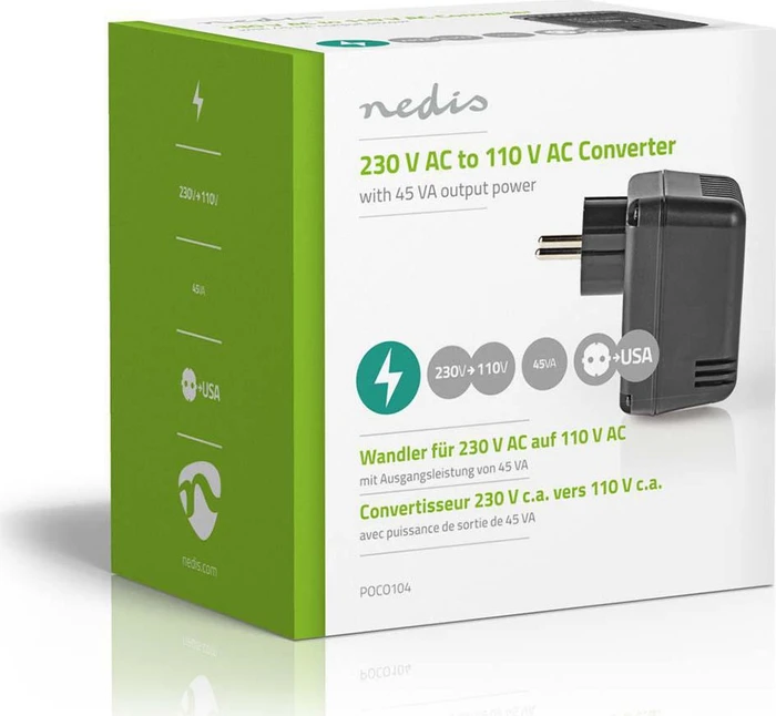 Nedis Umrichter 230V-110V, ungeerdete USA Buchse auf Schutzkontakt Stecker, 45W, schwarz