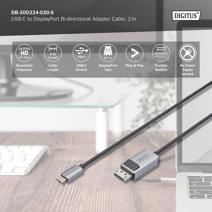 Digitus USB-C [Stecker] auf DisplayPort 1.4 [Stecker] 8K 30Hz Adapterkabel, 2m
