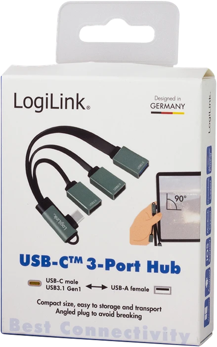 LogiLink Kabelpeitsche USB-Hub, 1x USB-A 3.0, 2x USB-A 2.0, 90° gewinkelt USB-C 3.0 [Stecker]