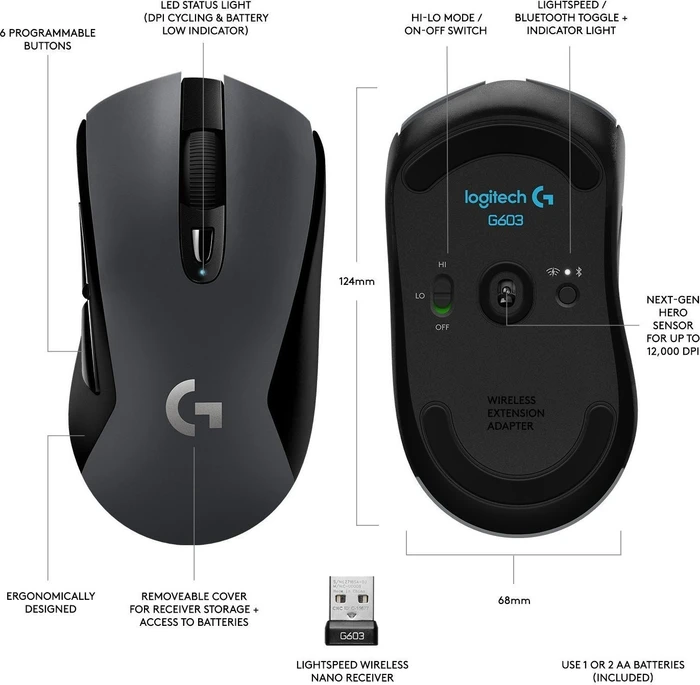Logitech G603 Lightspeed, USB, Bluetooth