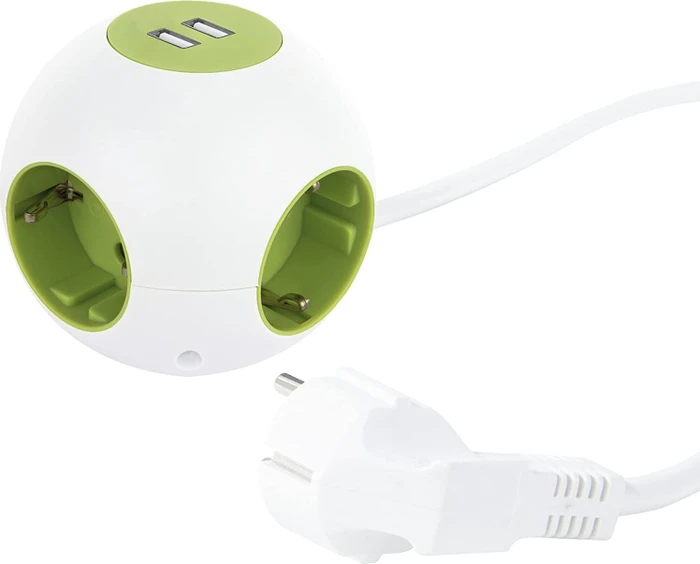 REV Ritter PowerGlobe Steckdosenwürfel, 4-fach, 2x USB, 1.4m, weiß/grün