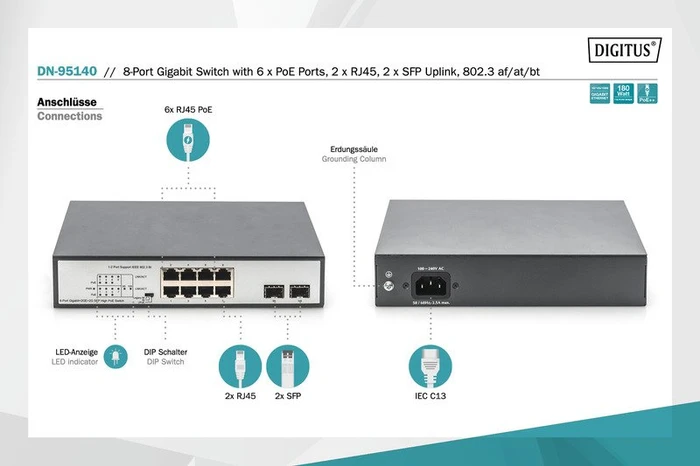 Digitus DN-951 Desktop Gigabit Switch, 8x RJ-45, 2x SFP, 180W PoE+