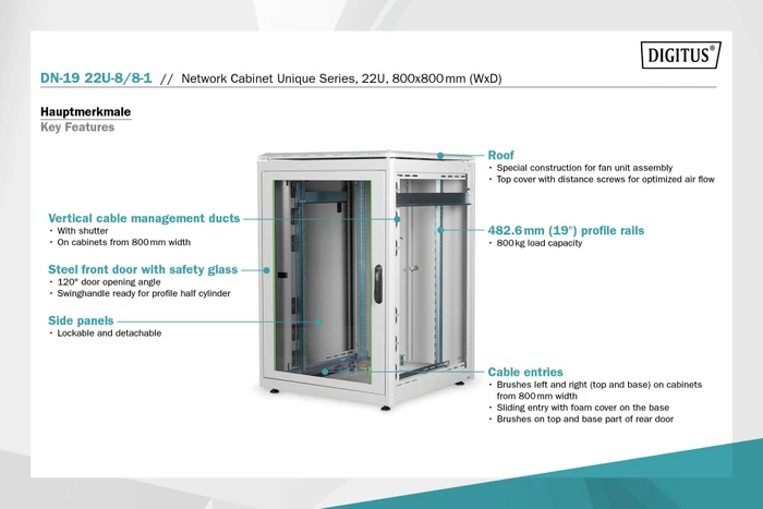 Digitus Professional Unique Serie Serverschrank 22HE, Sicherheitsglastür, IP2X, grau, 800mm tief