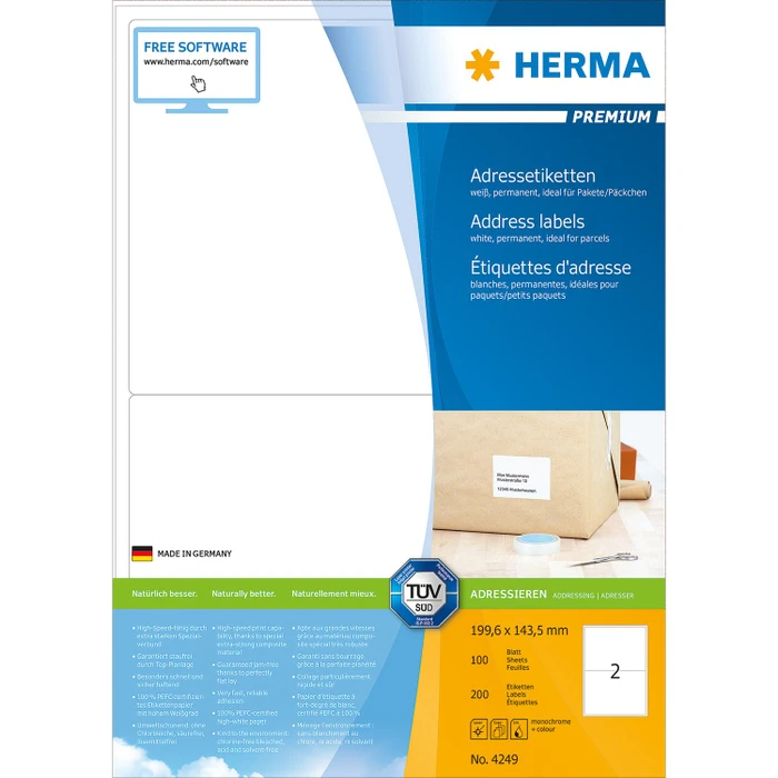 Herma Etiketten Premium, 199.6x143.5mm, weiß, matt, 100 Blatt (200 Etiketten)