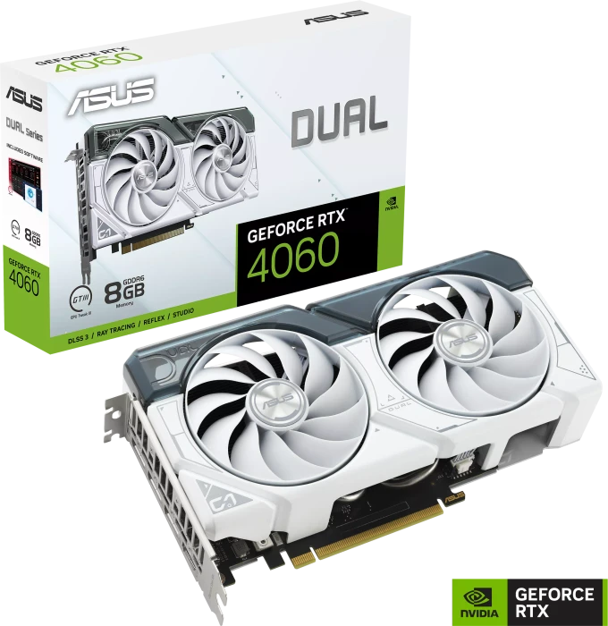 ASUS Dual GeForce RTX 4060 White, DUAL-RTX4060-8G-WHITE, 8GB GDDR6, HDMI, 3x DP