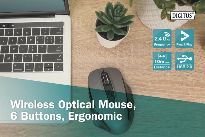Digitus Ergonomic Wireless Optical Mouse, 6 Tasten, grau/schwarz, USB