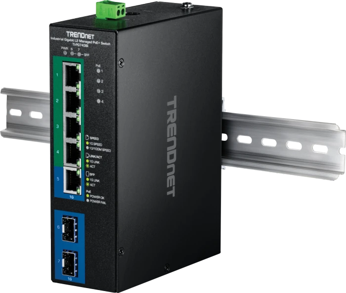 TRENDnet TI Hardened Industrial Railmount Gigabit Switch, 5x RJ-45, 2x SFP, 120W PoE+