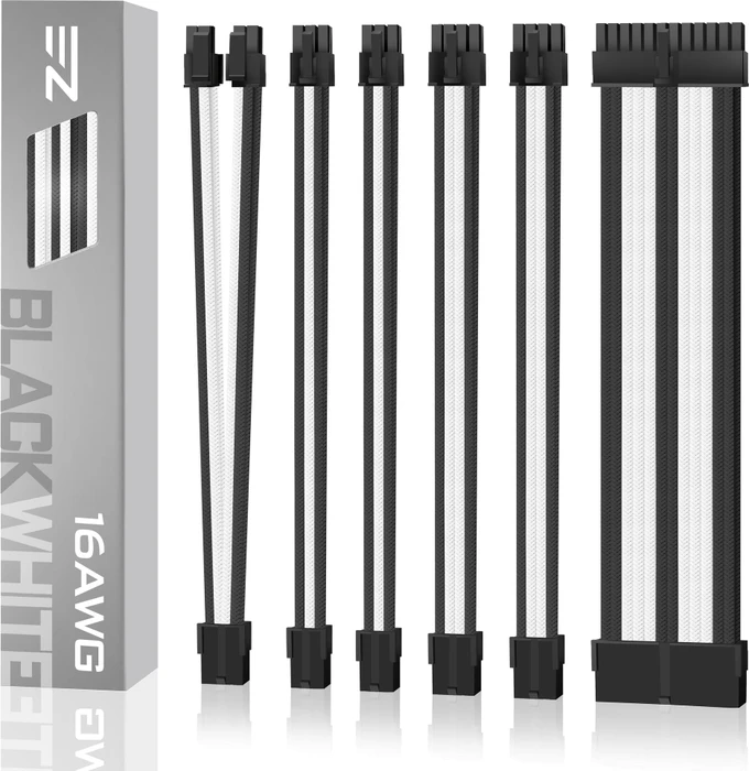 EZDIY-FAB Cable Extension Kit, 1x 24-Pin, 1x 4/8-Pin ATX, 2x 6-Pin PCIe, 16AWG, 2x 8-Pin PCIe, 16 AWG Nylon, schwarz/weiß