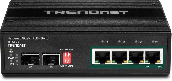 TRENDnet TI Hardened Industrial Railmount Gigabit Switch, 4x RJ-45, 2x SFP, 120W PoE+