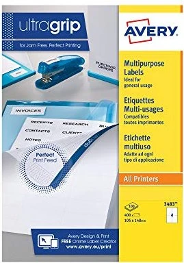AVERY Zweckform 3483 Universal Etiketten – 400 Selbstklebende Klebeetiketten, 105x148 Mm Auf A4 Bögen, Matt Weiß