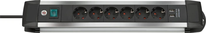 Brennenstuhl Premium-Alu-Line, 6-fach, 2x USB-A, 3m, silber/schwarz