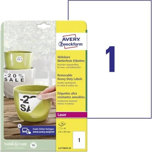 Avery-Zweckform Folienetiketten, A4, ablösbar, wetterfest, weiß, 20 Blatt (20 Etiketten)