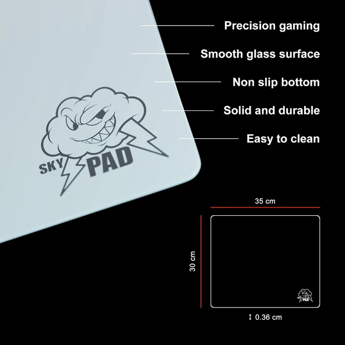 SkyPAD Glass 3.0 Gaming-Mauspad aus gehärtetem Glas, 350x300mm, Cloud Logo, weiß