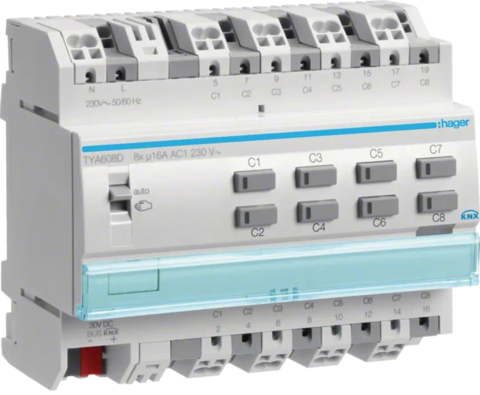 Hager KNX Schalt-/Jalousieaktor 8/4-fach, 230V, 6TE REG, Schaltaktor