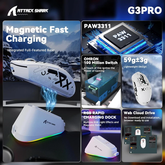 Attack Shark G3Pro Tri-mode Wireless Gaming Mouse mit Ladestation, White, inkl. Grip Tape, USB/Bluetooth