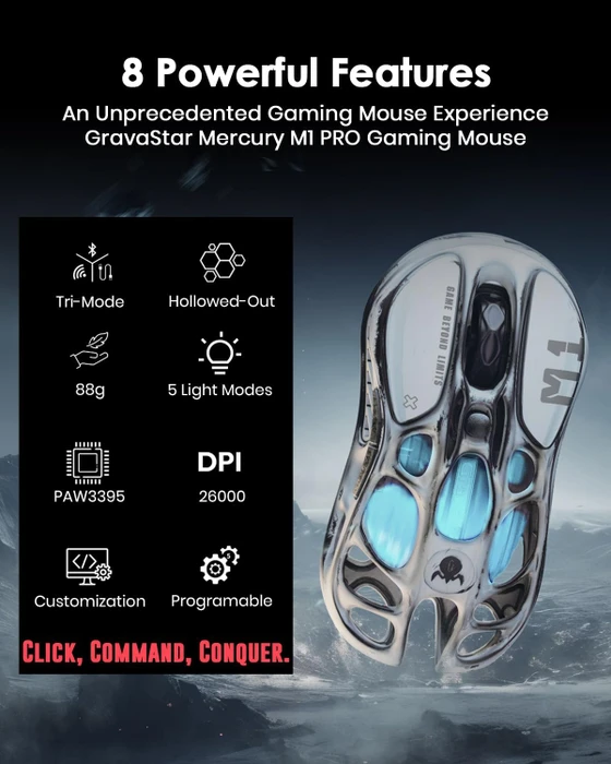 GravaStar Mercury M1 Pro Wireless Gaming Mouse, Battle Worn Edition Silver Mist, USB/Bluetooth