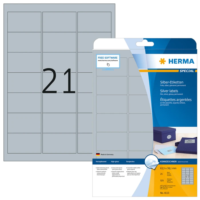 Herma Etiketten Special, 63.5x38.1mm, silber, glänzend, 25 Blatt (525 Etiketten)