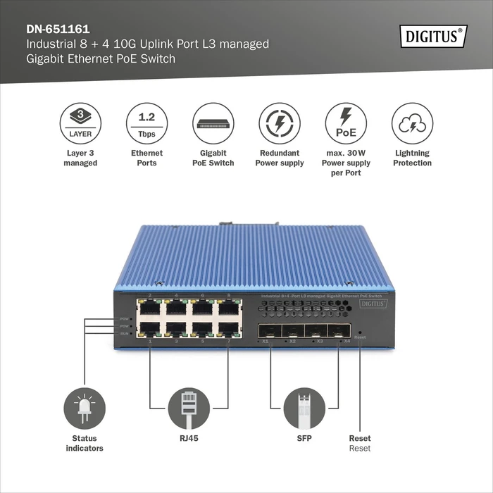 Digitus DN-65 Industrial Railmount Gigabit Managed Switch, 8x RJ-45, 4x SFP+, 240W PoE+