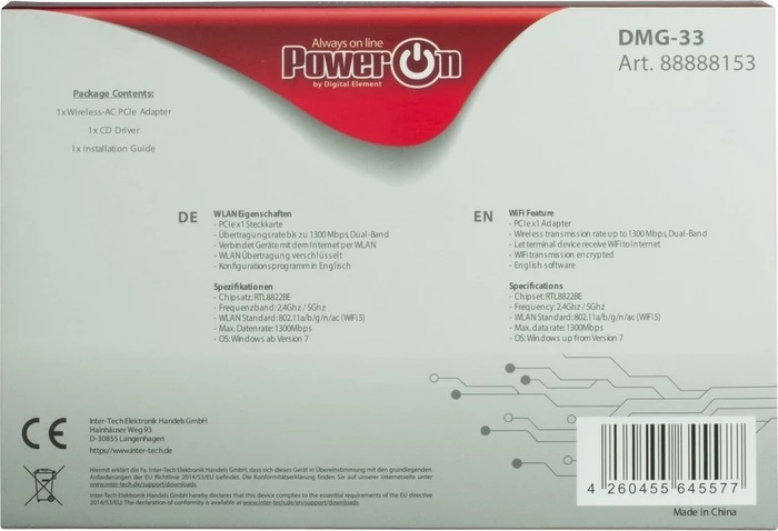 Inter-Tech PowerOn DMG-33, 2.4GHz/5GHz WLAN, PCIe x1