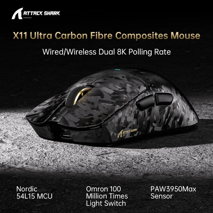 Attack Shark X11 Ultra Carbon Fiber 8KHz Wireless, Forged Black, USB/Bluetooth