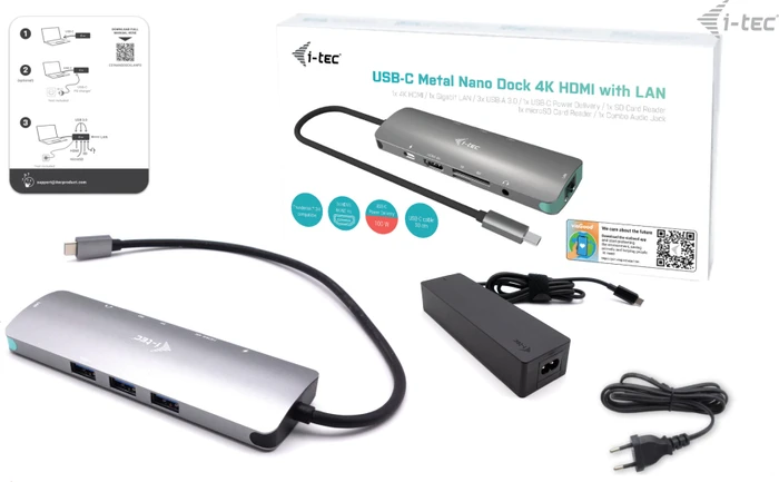 i-tec Metal Nano Dock, inkl. Netzteil, USB PD 100W, USB-C 3.0 [Stecker]
