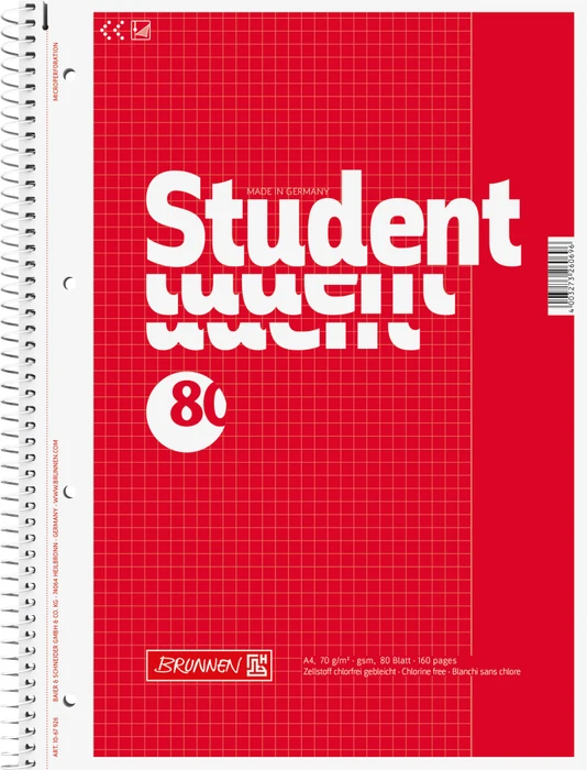 Brunnen Student Collegeblock, A4, Lineatur 26, rot, 80 Blatt