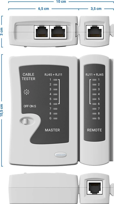 deleyCON Netzwerk-Kabeltester für RJ45/RJ12/RJ11, grau