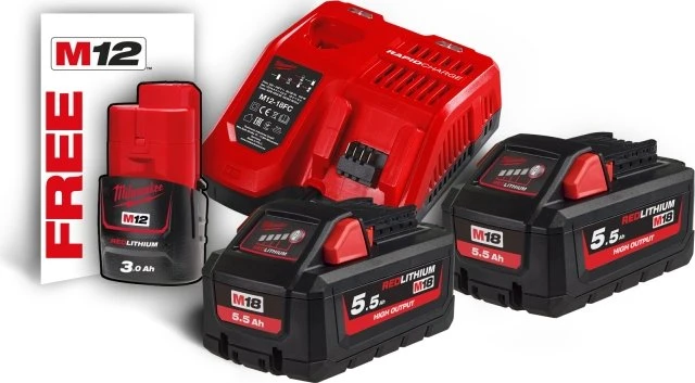 Milwaukee M18 High Output HNRG-552 Starterset 12/18V, 3.0/5.5Ah, Li-Ionen, 3 Akkus [14.0Ah] [234Wh]