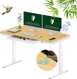 FlexiSpot Premium Q8 elektrisch höhenverstellbarer Sitz-Steh-Schreibtisch 140x70cm Bambus/weiß