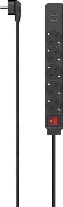 Hama Steckdosenleiste mit Schalter, 5-fach, 2x USB, 1.4m, schwarz