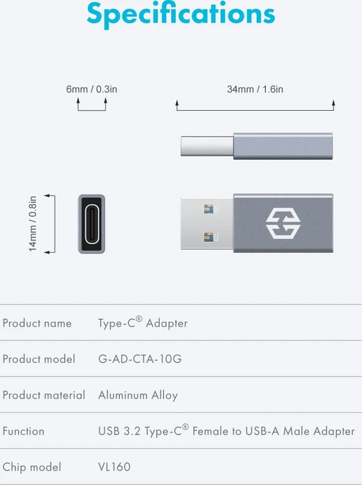 Graugear G-AD-CTA-10G, USB-C Adapter, USB 3.1, 10Gb/s, USB-C 3.1 [Buchse] auf USB-A 3.1 [Stecker], Adapter, schwarz