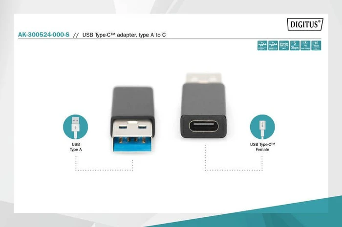 Digitus USB-C 3.0 [Buchse] auf USB-A 3.0 [Stecker], Adapter, schwarz