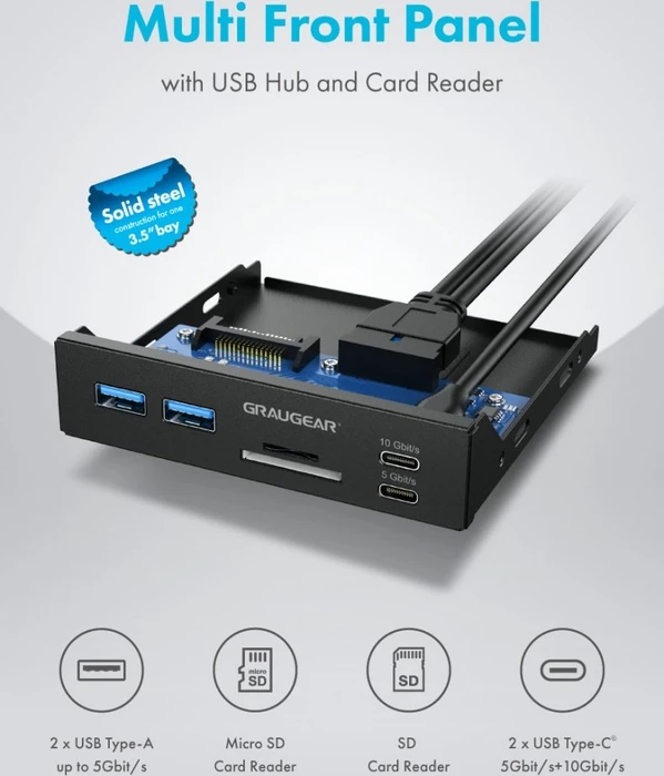 Graugear G-MP01CR, Multi Frontblende mit USB Hub und Kartenleser, USB 3.0 19-Pin Stecksockel, USB 3.1 20-Pin Key-A Stecksockel [Stecker]