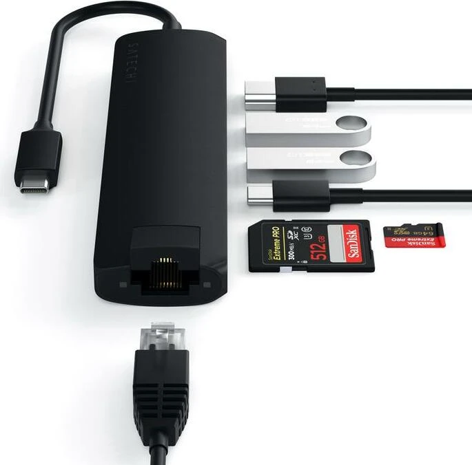 Satechi USB-C Slim Multi-Port with Ethernet Adapter schwarz Dual-Slot-Cardreader, USB-C 3.0 [Stecker]