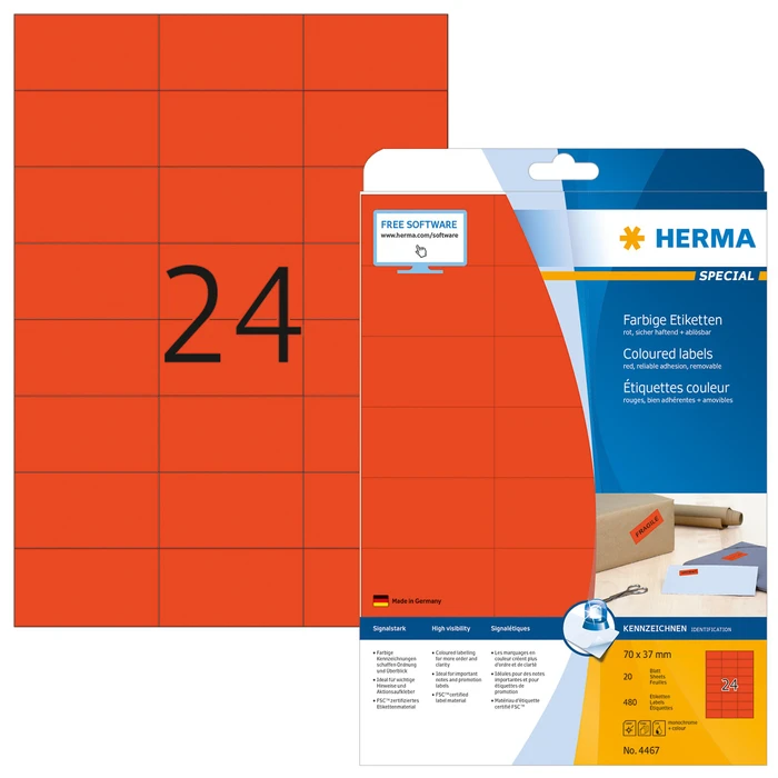 Herma Etiketten, 70x37mm, ablösbar, rot, 20 Blatt (480 Etiketten)