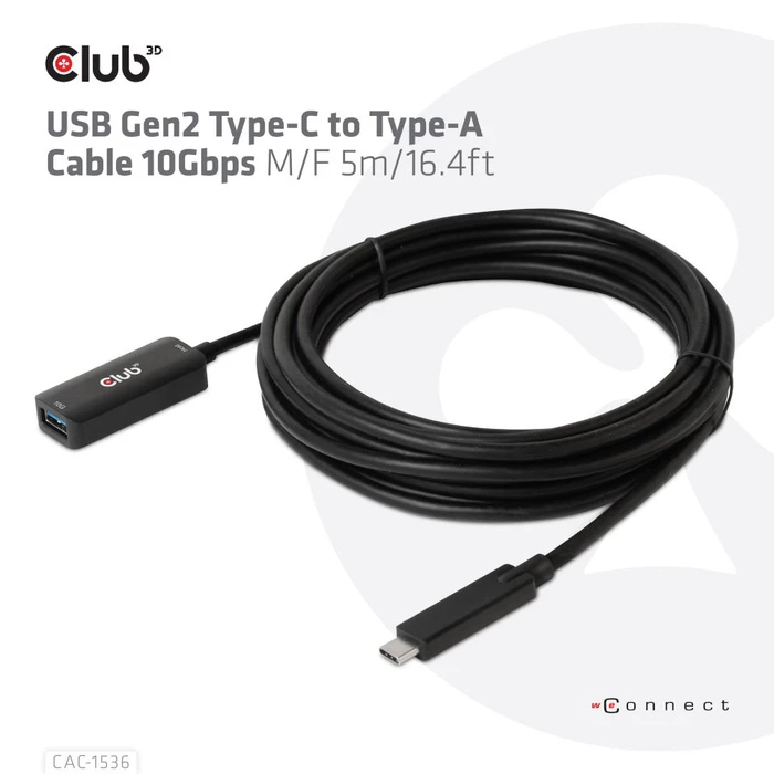 Club 3D USB-C 3.1 Kabel, aktiv, 10Gb/s, USB-C 3.1 Stecker auf USB-A 3.1 Buchse, 5m