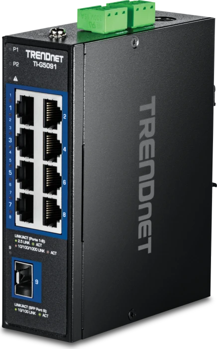 TRENDnet TI Hardened Industrial Railmount 2.5G Switch, 8x RJ-45, 1x SFP+