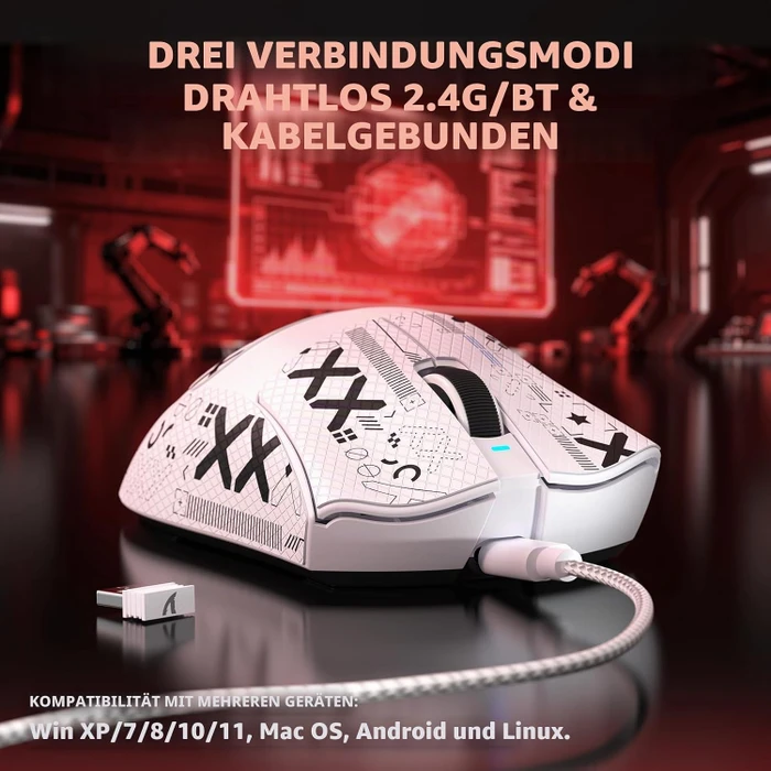 Attack Shark V3 Tri-mode Wireless Gaming Mouse, weiß, inkl. Grip Tape, USB/Bluetooth