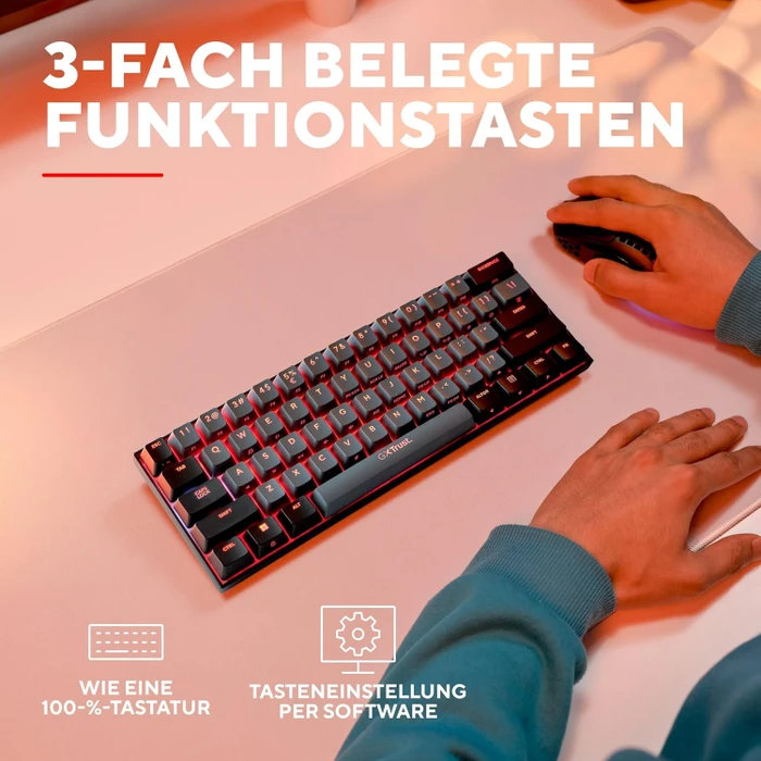 Trust Gaming GXT 1873 Revyn 60% Mini Wireless, grau/schwarz, LEDs RGB, Outemu Red, USB/Bluetooth, DE