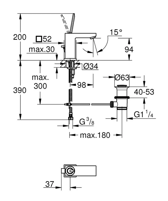 Grohe Eurocube Joy Einhand-Waschbeckenarmatur 1/2" S-Size mit Ablauffernbedienung chrom