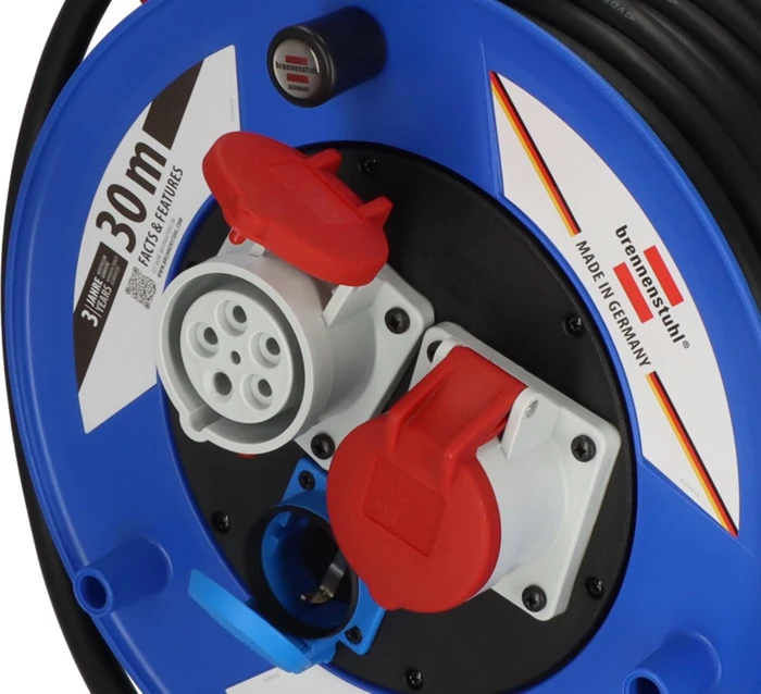 Brennenstuhl Garant CEE Industrie-/Baustellen-Kabeltrommel, CEE 400V/16A auf 1x Schuko + 2x CEE 400V/16A, 30m, IP44, H07RN-F 5G2,5